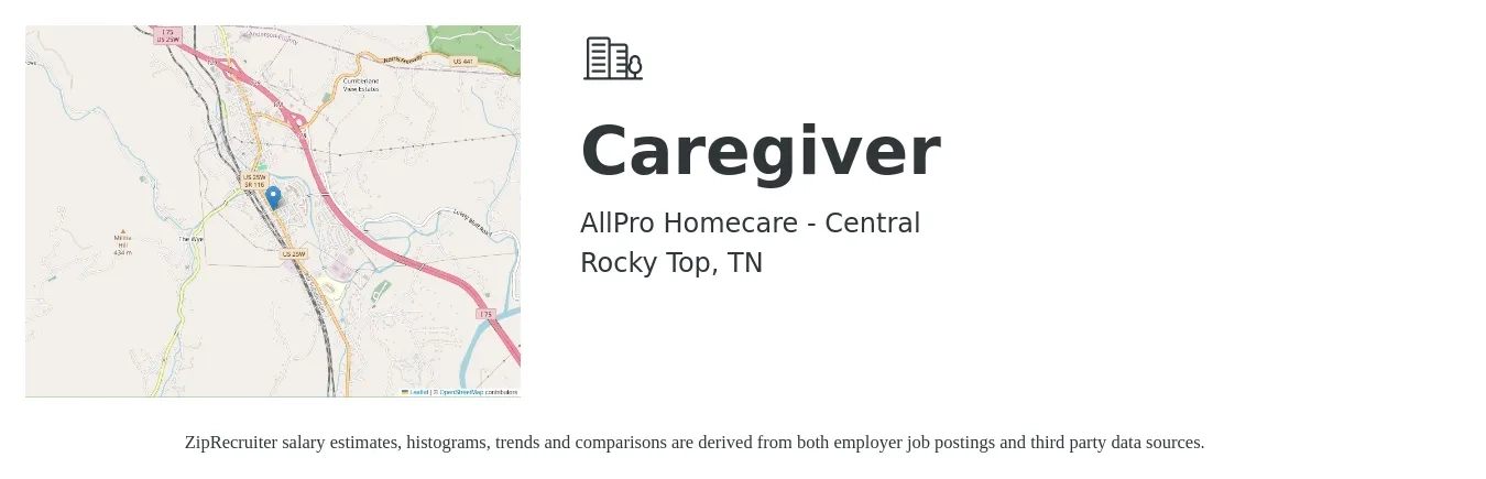 AllPro Homecare - Central job posting for a Caregiver in Rocky Top, TN with a salary of $12 to $16 Hourly with a map of Rocky Top location.
