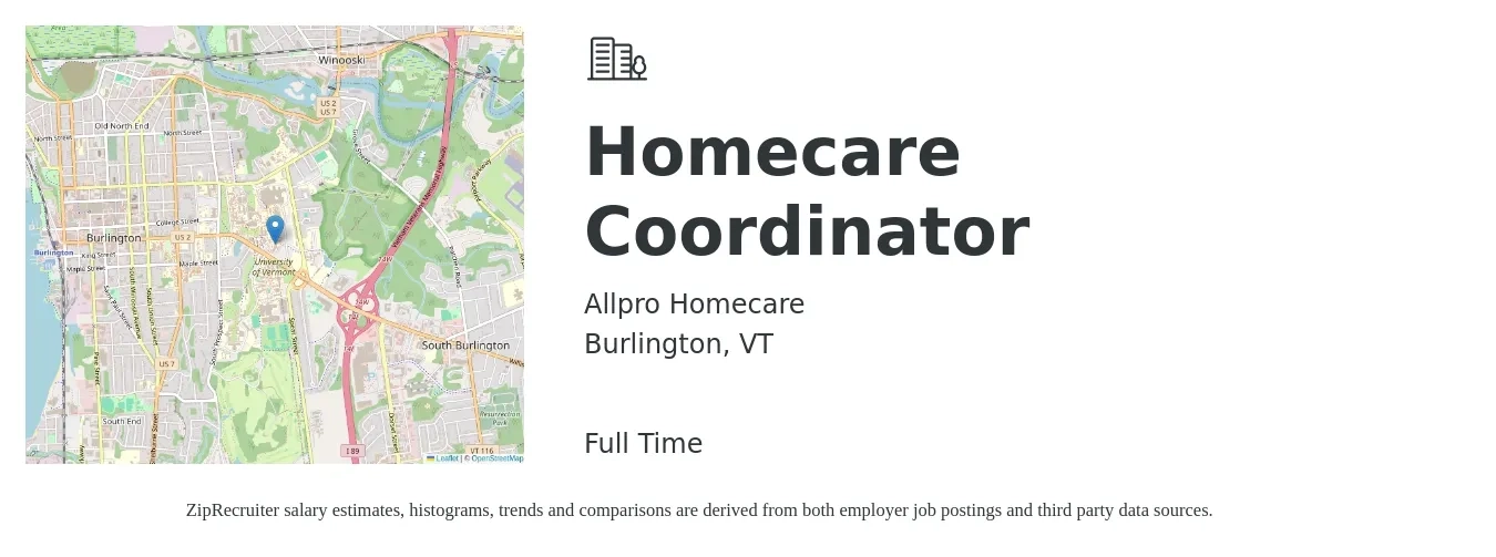 Allpro Homecare job posting for a Homecare Coordinator in Burlington, VT with a salary of $19 to $29 Hourly with a map of Burlington location.