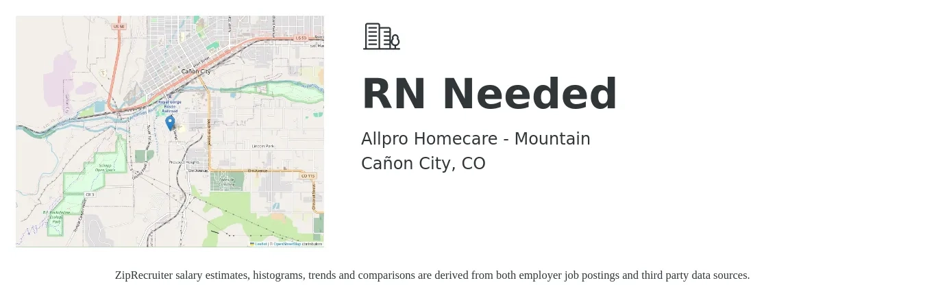 Allpro Homecare - Mountain job posting for a RN Needed in Cañon City, CO with a salary of $32 to $49 Hourly with a map of Cañon City location.