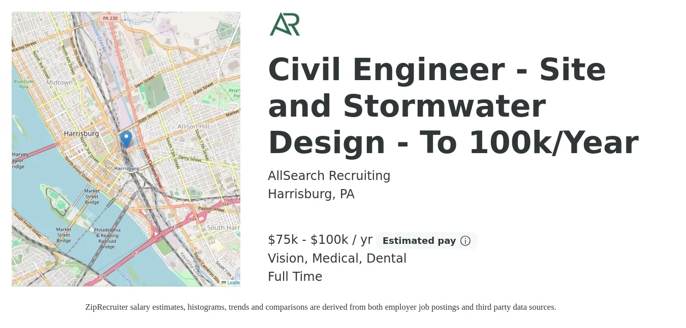 AllSearch Recruiting job posting for a Civil Engineer - Site and Stormwater Design - To 100k/Year in Harrisburg, PA with a salary of $75,000 to $100,000 Yearly and benefits including retirement, vision, dental, life_insurance, and medical with a map of Harrisburg location.