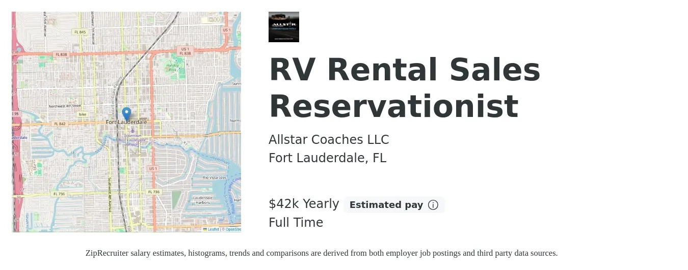 Allstar Coaches LLC job posting for a RV Rental Sales Reservationist in Fort Lauderdale, FL with a salary of $42,000 Yearly with a map of Fort Lauderdale location.