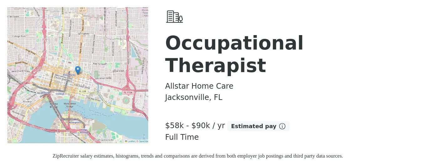 Allstar Home Care job posting for a Occupational Therapist in Jacksonville, FL with a salary of $58,000 to $90,000 Yearly with a map of Jacksonville location.