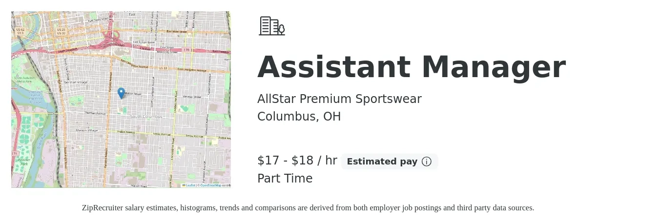 All Star Premium Sportswear job posting for a Assistant Manager in Columbus, OH with a salary of $18 to $19 Hourly with a map of Columbus location.