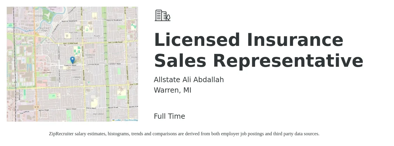 Allstate Ali Abdallah job posting for a Licensed Insurance Sales Representative in Warren, MI with a salary of $2,500 Monthly with a map of Warren location.