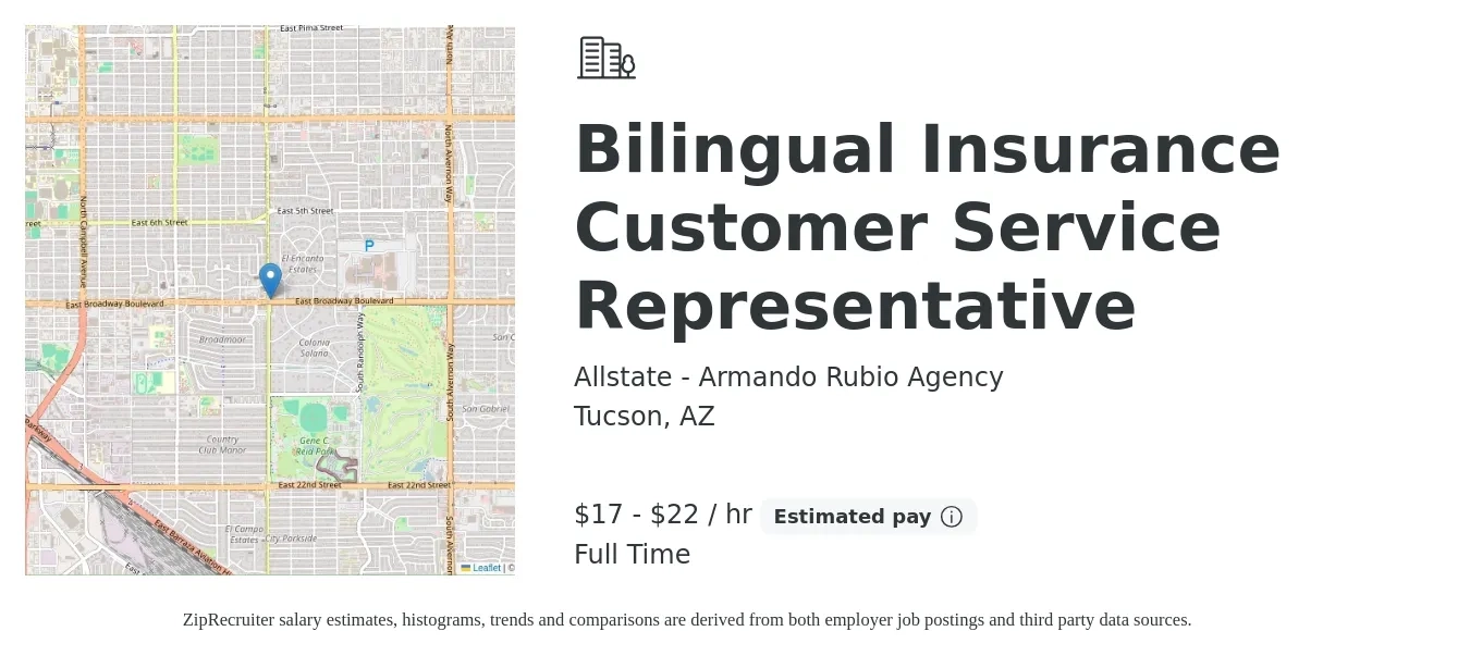 Allstate - Armando Rubio Agency job posting for a Bilingual Insurance Customer Service Representative in Tucson, AZ with a salary of $18 to $23 Hourly with a map of Tucson location.