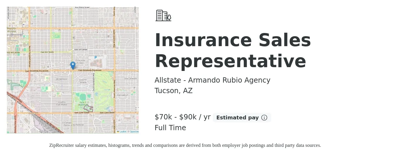Allstate - Armando Rubio Agency job posting for a Insurance Sales Representative in Tucson, AZ with a salary of $70,000 to $90,000 Yearly with a map of Tucson location.