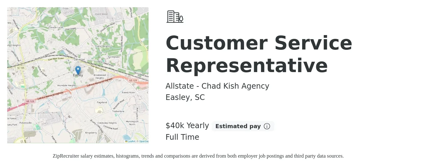 Allstate - Chad Kish Agency job posting for a Customer Service Representative in Easley, SC with a salary of $40,000 Yearly with a map of Easley location.