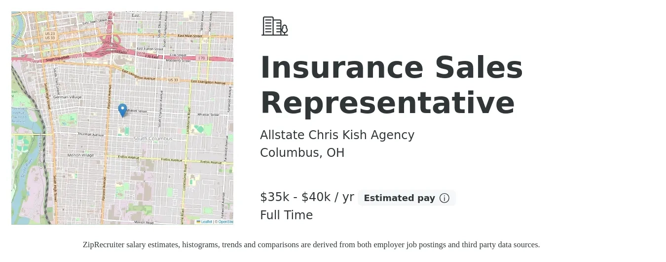 Allstate Chris Kish Agency job posting for a Insurance Sales Representative in Columbus, OH with a salary of $35,000 to $40,000 Yearly with a map of Columbus location.