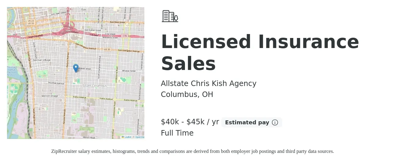 Allstate Chris Kish Agency job posting for a Licensed Insurance Sales in Columbus, OH with a salary of $40,000 to $45,000 Yearly with a map of Columbus location.