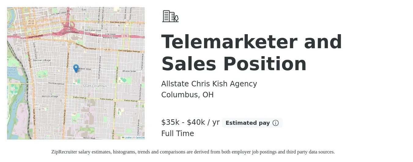 Allstate Chris Kish Agency job posting for a Telemarketer and Sales Position in Columbus, OH with a salary of $35,000 to $40,000 Yearly with a map of Columbus location.