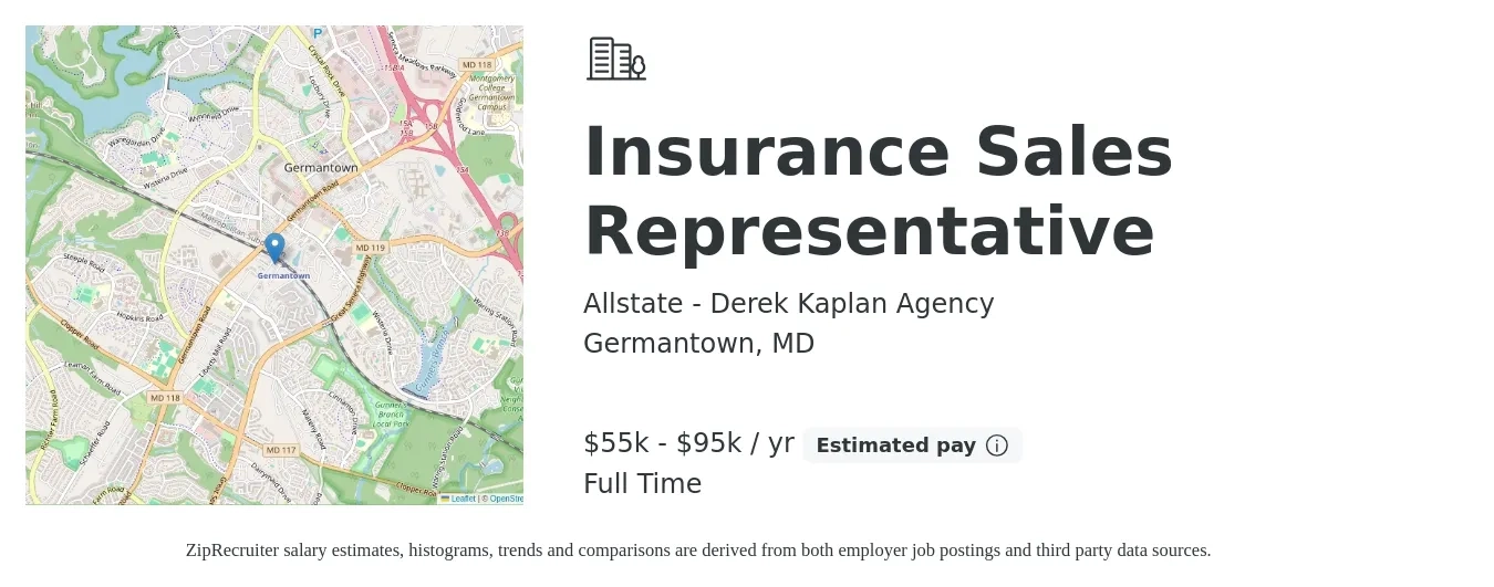Allstate - Derek Kaplan Agency job posting for a Insurance Sales Representative in Germantown, MD with a salary of $55,000 to $95,000 Yearly with a map of Germantown location.