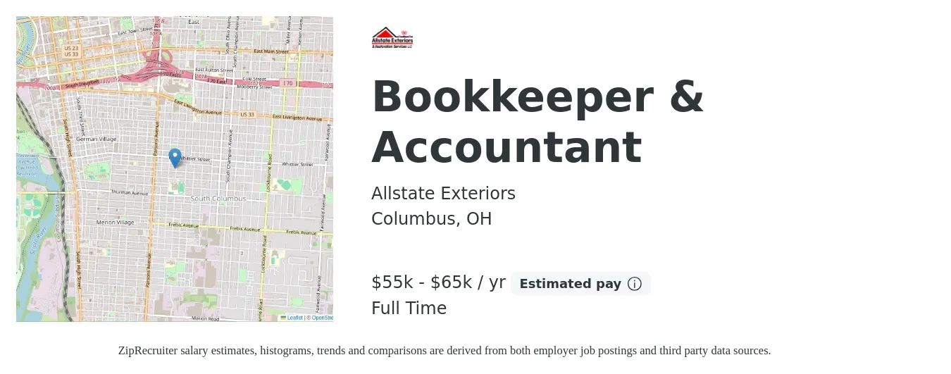 Allstate Exteriors job posting for a Bookkeeper & Accountant in Columbus, OH with a salary of $55,000 to $65,000 Yearly with a map of Columbus location.