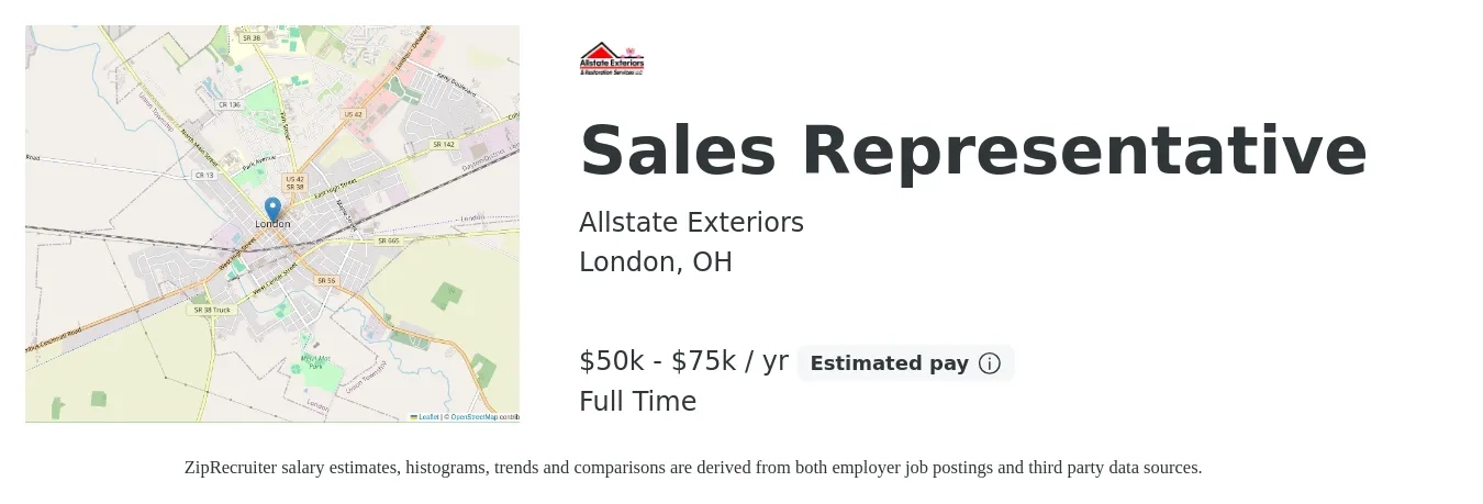 Allstate Exteriors job posting for a Sales Representative in London, OH with a salary of $50,000 to $75,000 Yearly with a map of London location.