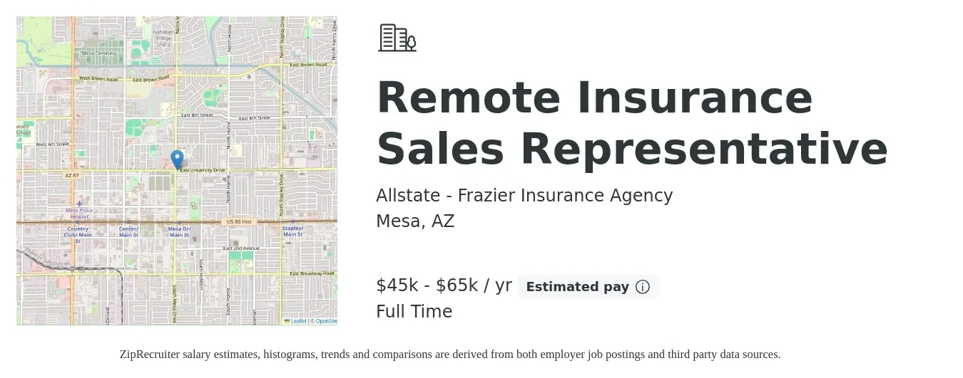 Allstate - Frazier Insurance Agency job posting for a Remote Insurance Sales Representative in Mesa, AZ with a salary of $45,000 to $65,000 Yearly with a map of Mesa location.
