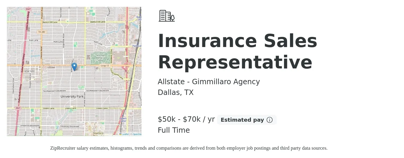 Allstate - Gimmillaro Agency job posting for a Insurance Sales Representative in Dallas, TX with a salary of $50,000 to $70,000 Yearly with a map of Dallas location.
