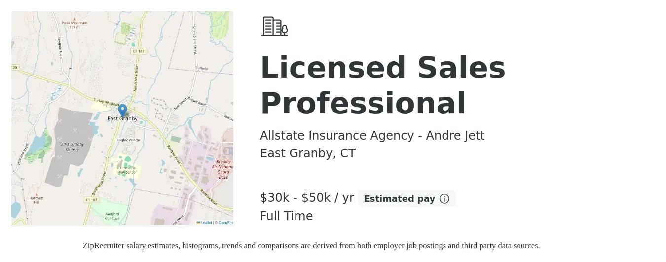 Allstate Insurance Agency - Andre Jett job posting for a Licensed Sales Professional in East Granby, CT with a salary of $30,000 to $50,000 Yearly with a map of East Granby location.