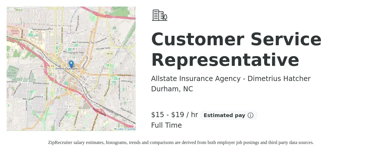 Allstate Insurance Agency - Dimetrius Hatcher job posting for a Customer Service Representative in Durham, NC with a salary of $16 to $20 Hourly with a map of Durham location.