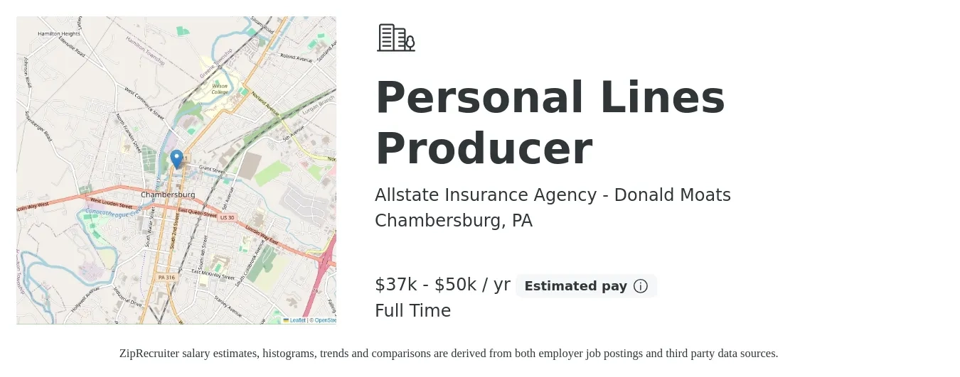Allstate Insurance Agency - Donald Moats job posting for a Personal Lines Producer in Chambersburg, PA with a salary of $37,000 to $50,000 Yearly with a map of Chambersburg location.
