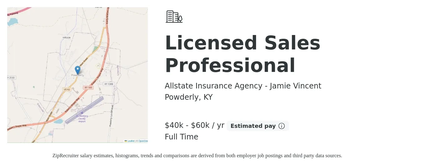 Allstate Insurance Agency - Jamie Vincent job posting for a Licensed Sales Professional in Powderly, KY with a salary of $40,000 to $60,000 Yearly with a map of Powderly location.