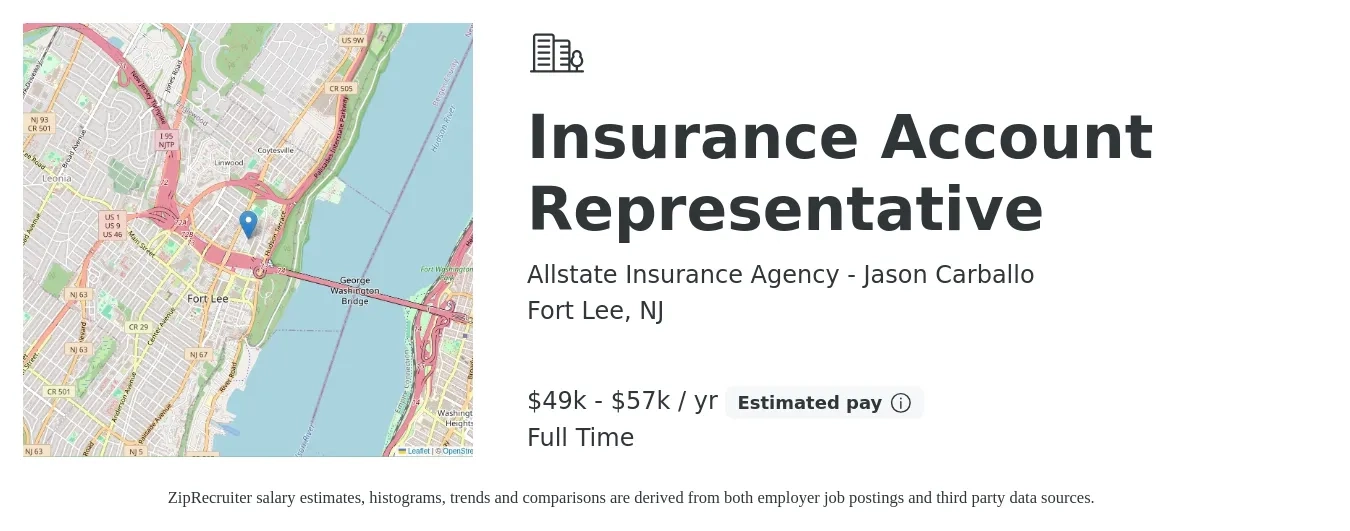 Allstate Insurance Agency - Jason Carballo job posting for a Insurance Account Representative in Fort Lee, NJ with a salary of $49,800 to $57,800 Yearly with a map of Fort Lee location.