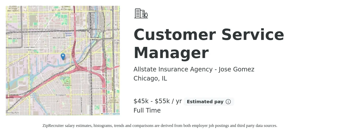 Allstate Insurance Agency - Jose Gomez job posting for a Customer Service Manager in Chicago, IL with a salary of $45,000 to $55,000 Yearly with a map of Chicago location.