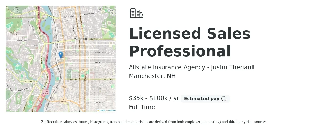 Allstate Insurance Agency - Justin Theriault job posting for a Licensed Sales Professional in Manchester, NH with a salary of $35,000 to $100,000 Yearly with a map of Manchester location.
