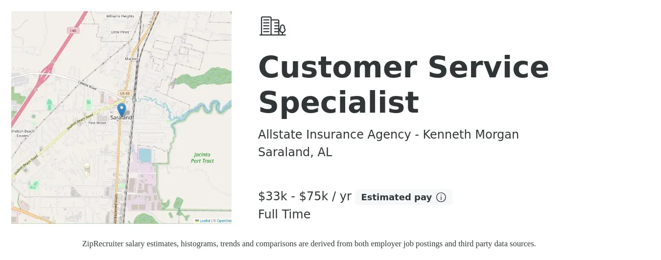 Allstate Insurance Agency - Kenneth Morgan job posting for a Customer Service Specialist in Saraland, AL with a salary of $33,500 to $75,000 Yearly with a map of Saraland location.