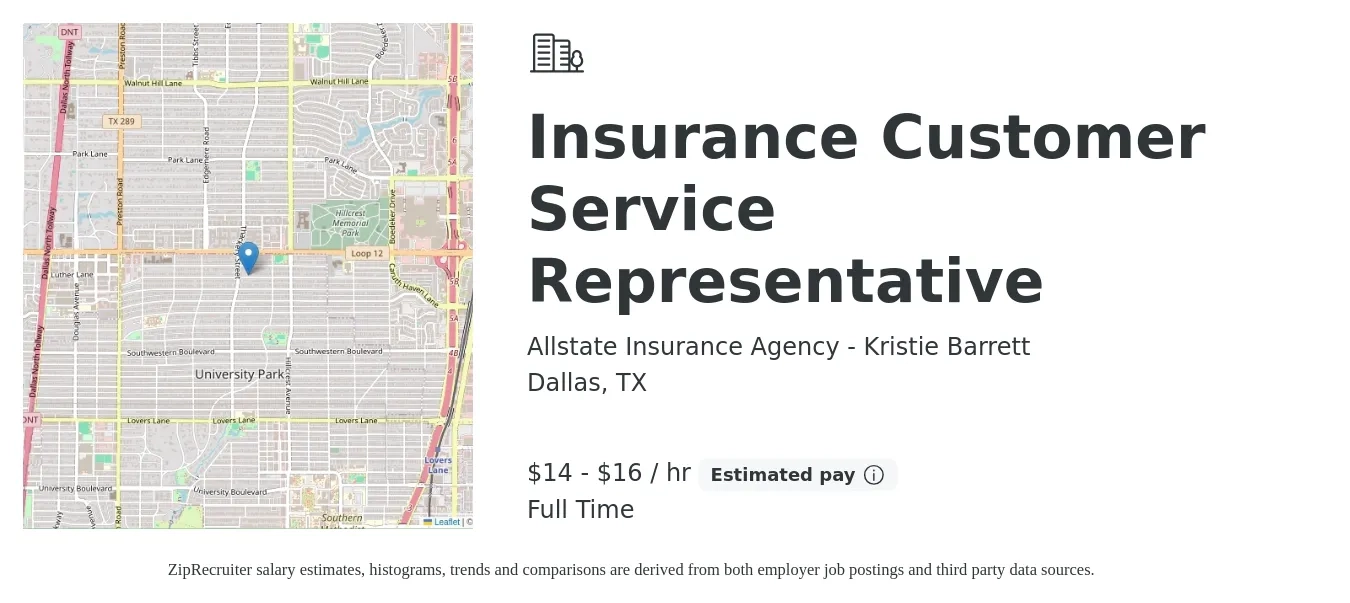 Allstate Insurance Agency - Kristie Barrett job posting for a Insurance Customer Service Representative in Dallas, TX with a salary of $15 to $17 Hourly with a map of Dallas location.