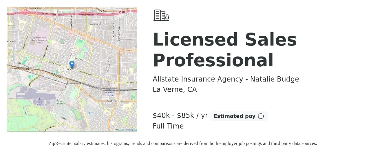 Allstate Insurance Agency - Natalie Budge job posting for a Licensed Sales Professional in La Verne, CA with a salary of $40,000 to $85,000 Yearly with a map of La Verne location.