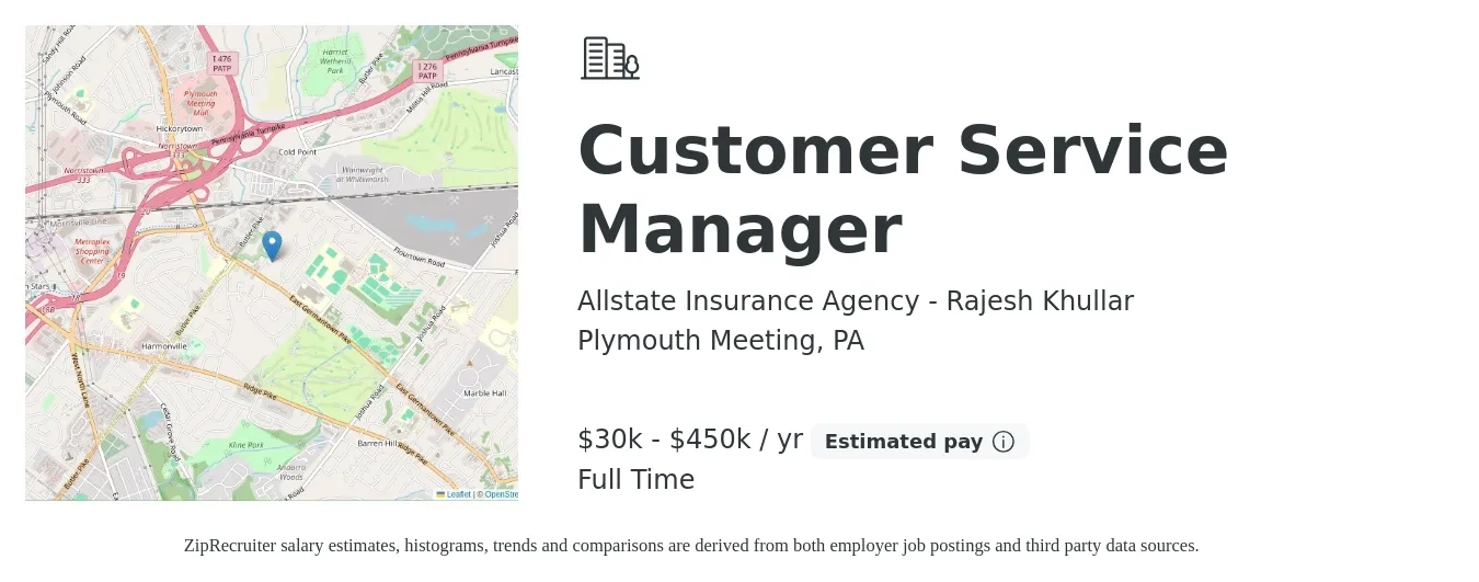 Allstate Insurance Agency - Rajesh Khullar job posting for a Customer Service Manager in Plymouth Meeting, PA with a salary of $30,000 to $450,000 Yearly with a map of Plymouth Meeting location.
