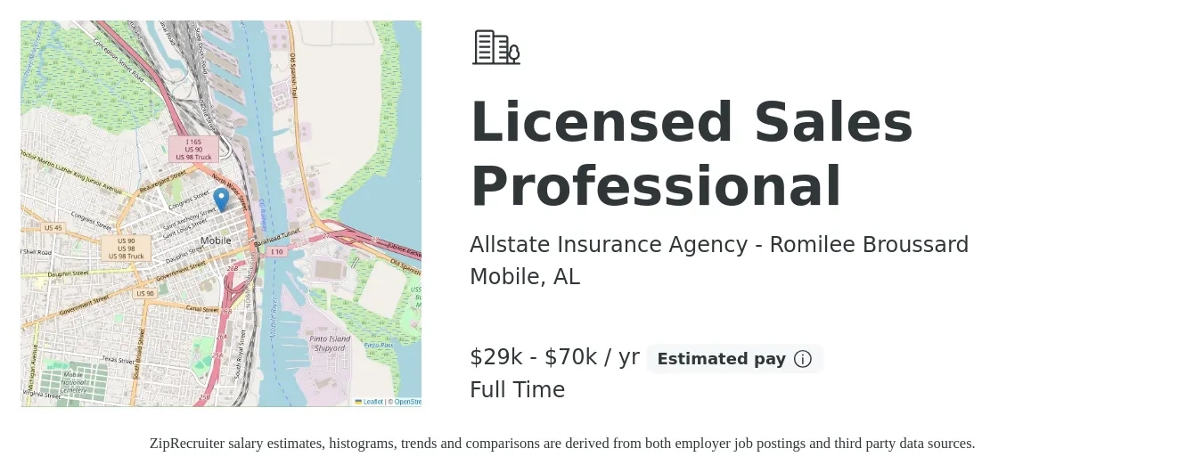 Allstate Insurance Agency - Romilee Broussard job posting for a Licensed Sales Professional in Mobile, AL with a salary of $29,000 to $70,000 Yearly with a map of Mobile location.