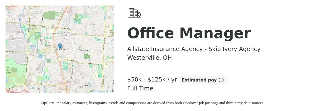 Allstate Insurance Agency - Skip Ivery Agency job posting for a Office Manager in Westerville, OH with a salary of $50,000 to $125,000 Yearly with a map of Westerville location.