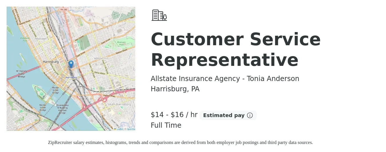 Allstate Insurance Agency - Tonia Anderson job posting for a Customer Service Representative in Harrisburg, PA with a salary of $15 to $17 Hourly with a map of Harrisburg location.