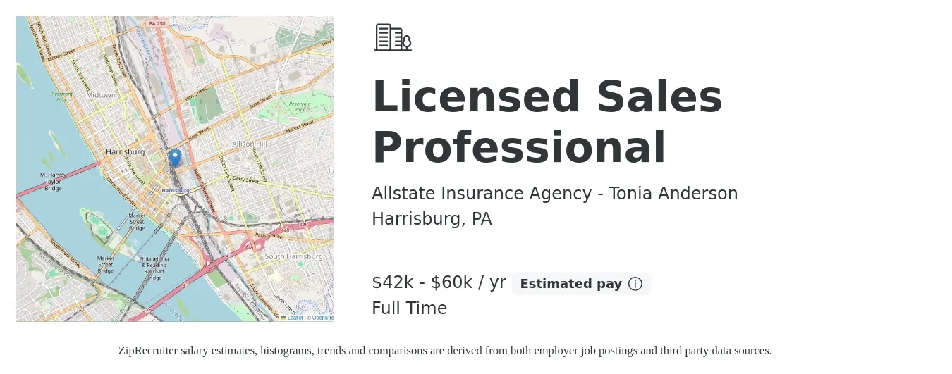 Allstate Insurance Agency - Tonia Anderson job posting for a Licensed Sales Professional in Harrisburg, PA with a salary of $33,000 to $55,000 Yearly with a map of Harrisburg location.