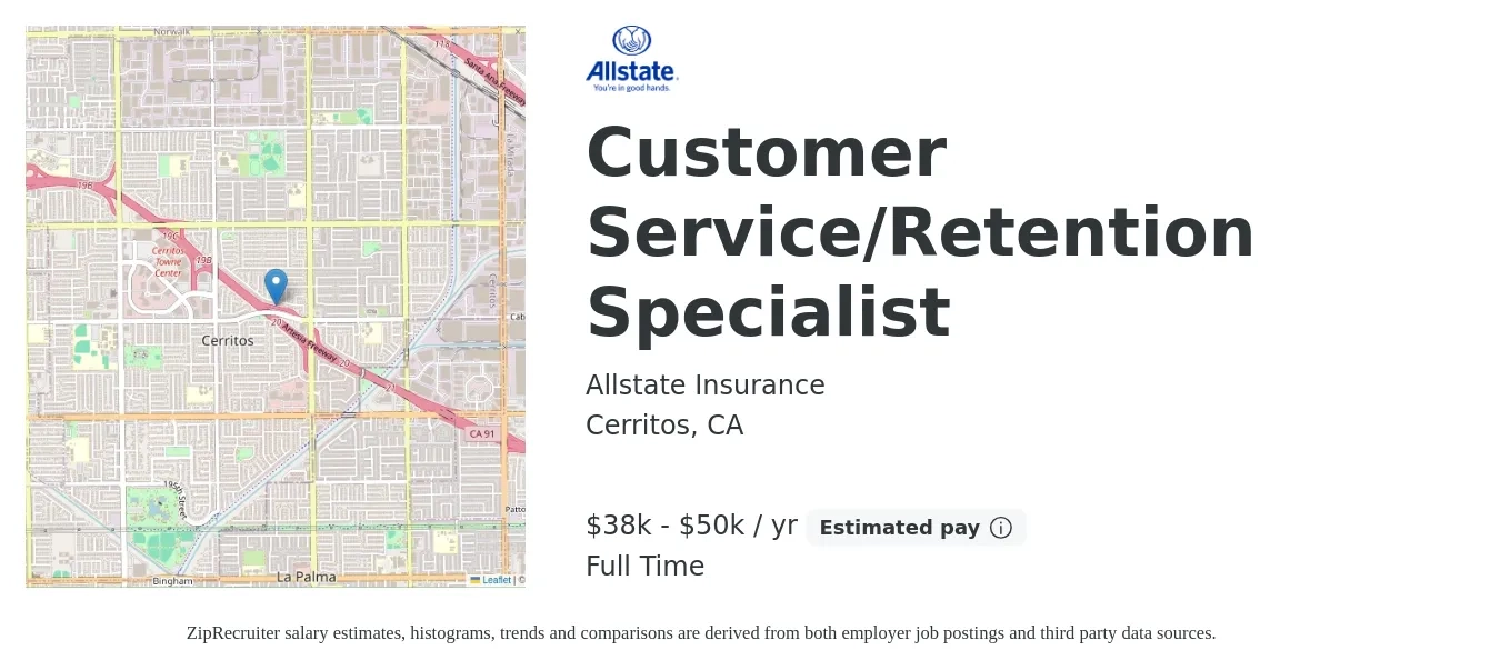 Allstate Insurance job posting for a Customer Service/Retention Specialist in Cerritos, CA with a salary of $38,000 to $50,000 Yearly with a map of Cerritos location.