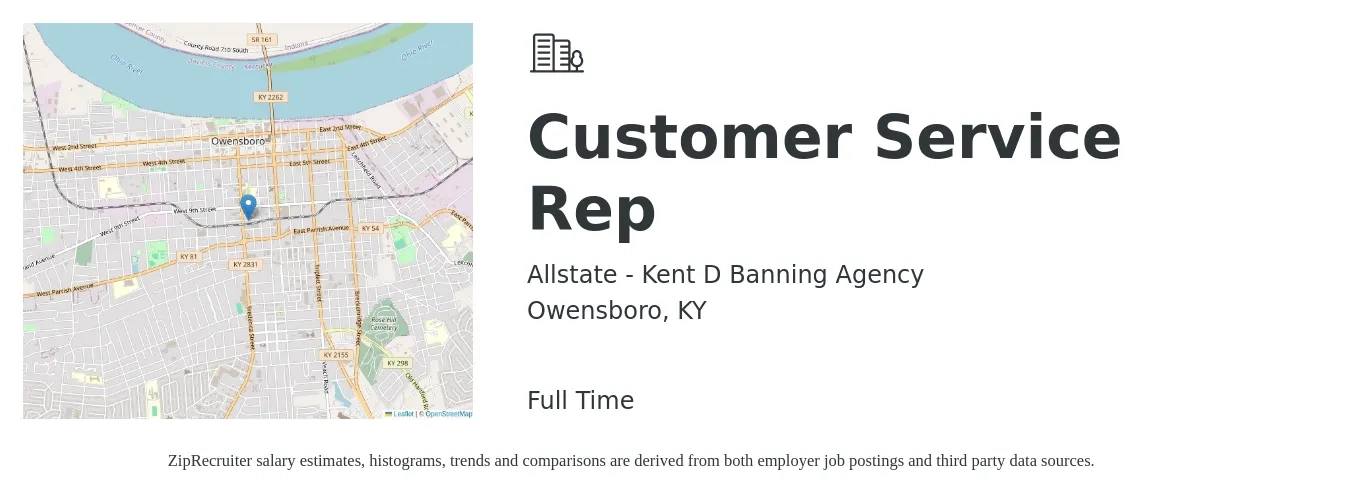 Allstate - Kent D Banning Agency job posting for a Customer Service Rep in Owensboro, KY with a salary of $16 to $22 Hourly with a map of Owensboro location.