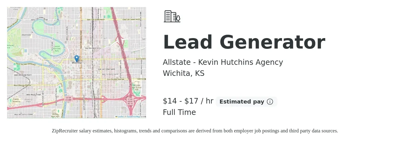 Allstate - Kevin Hutchins Agency job posting for a Lead Generator in Wichita, KS with a salary of $15 to $18 Hourly with a map of Wichita location.