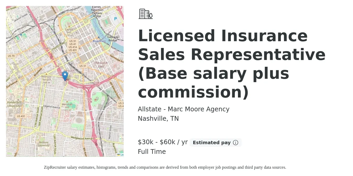 Allstate - Marc Moore Agency job posting for a Licensed Insurance Sales Representative (Base salary plus commission) in Nashville, TN with a salary of $30,000 to $60,000 Yearly with a map of Nashville location.