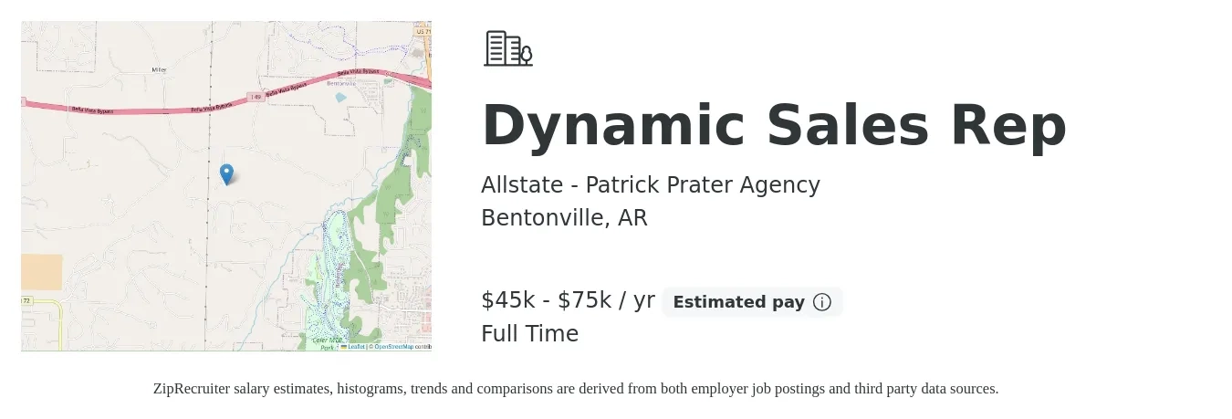 Allstate - Patrick Prater Agency job posting for a Dynamic Sales Rep in Bentonville, AR with a salary of $45,000 to $75,000 Yearly with a map of Bentonville location.