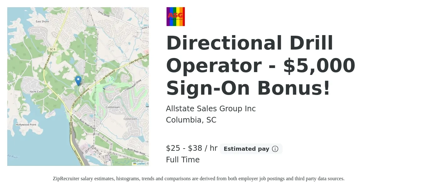 Allstate Sales Group Inc job posting for a Directional Drill Operator - $5,000 Sign-On Bonus! in Columbia, SC with a salary of $27 to $40 Hourly with a map of Columbia location.