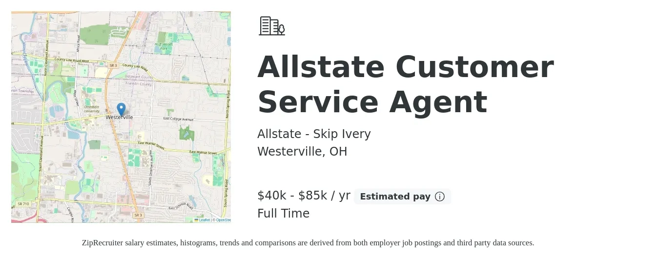 Allstate - Skip Ivery job posting for a Allstate Customer Service Agent in Westerville, OH with a salary of $40,000 to $85,000 Yearly with a map of Westerville location.