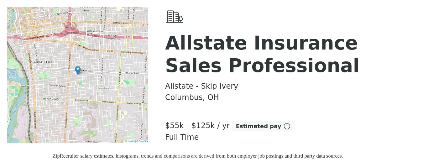 Allstate - Skip Ivery job posting for a Allstate Insurance Sales Professional in Columbus, OH with a salary of $55,000 to $125,000 Yearly with a map of Columbus location.