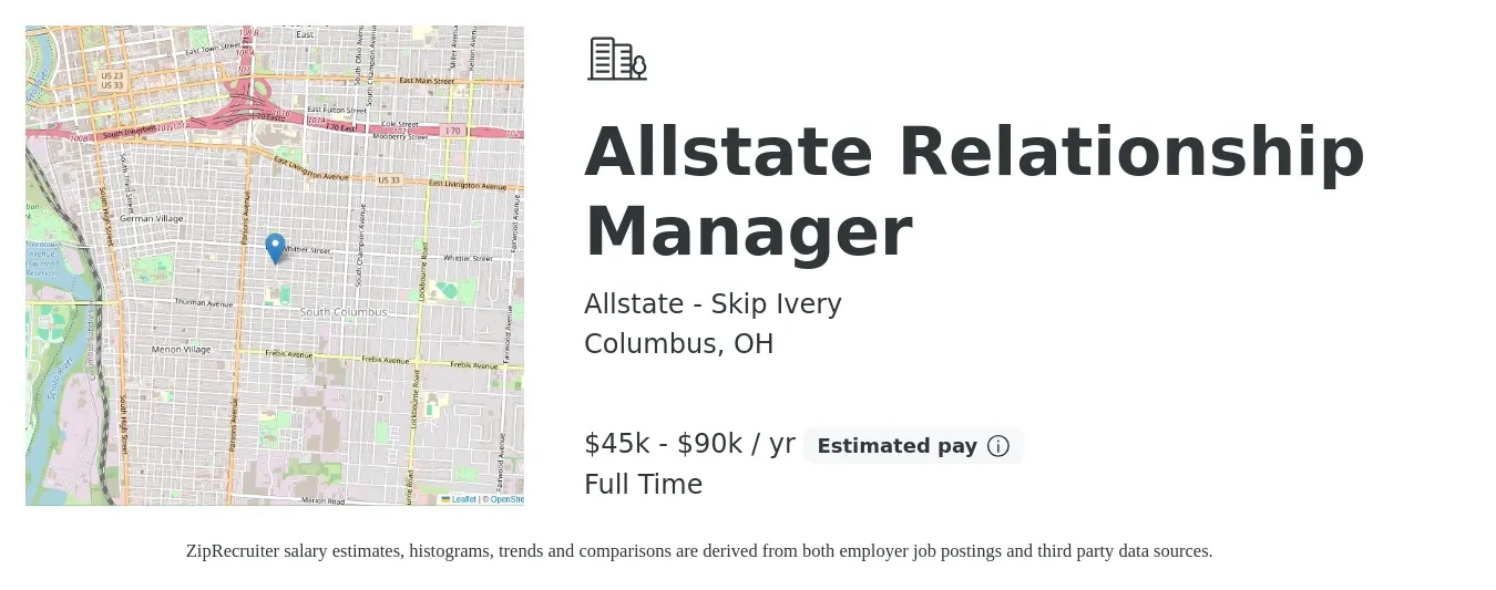 Allstate - Skip Ivery job posting for a Allstate Relationship Manager in Columbus, OH with a salary of $45,000 to $90,000 Yearly with a map of Columbus location.