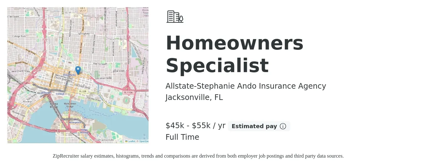 Allstate-Stephanie Ando Insurance Agency job posting for a Homeowners Specialist in Jacksonville, FL with a salary of $45,000 to $55,000 Yearly with a map of Jacksonville location.
