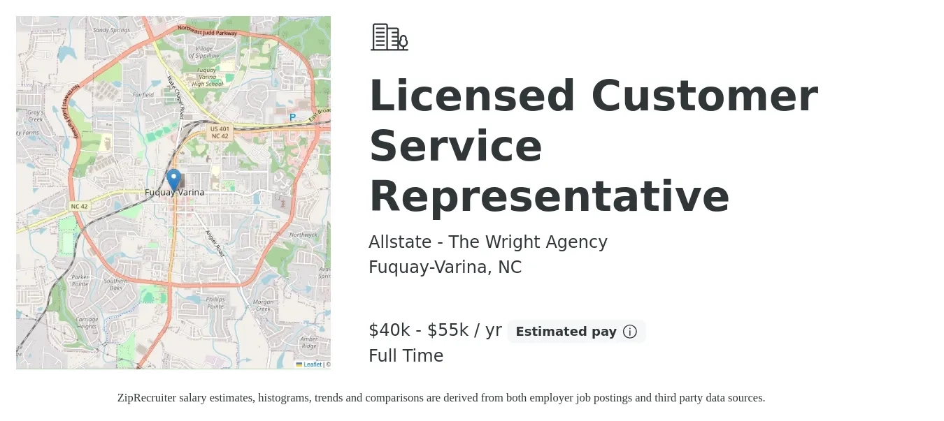 Allstate - The Wright Agency job posting for a Licensed Customer Service Representative in Fuquay-Varina, NC with a salary of $40,000 to $55,000 Yearly with a map of Fuquay-Varina location.