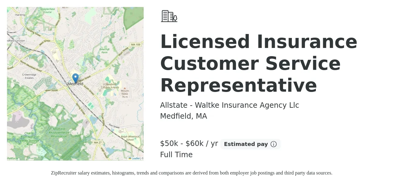 Allstate - Waltke Insurance Agency Llc job posting for a Licensed Insurance Customer Service Representative in Medfield, MA with a salary of $50,000 to $60,000 Yearly with a map of Medfield location.