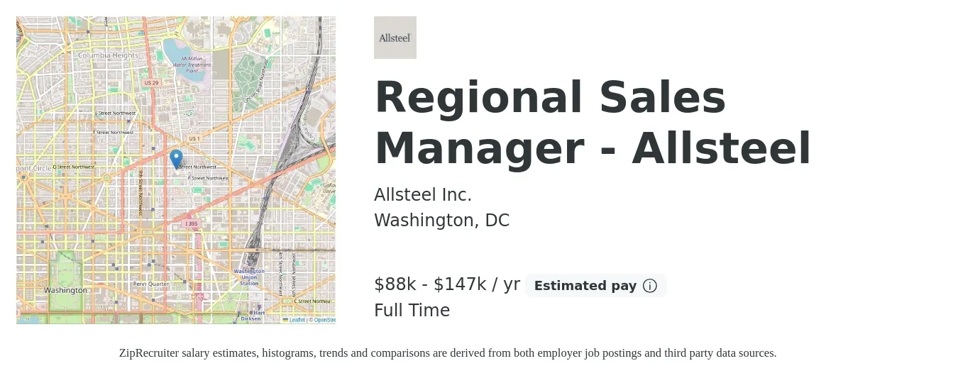 Allsteel Inc. job posting for a Regional Sales Manager - Allsteel in Washington, DC with a salary of $88,725 to $147,875 Yearly with a map of Washington location.