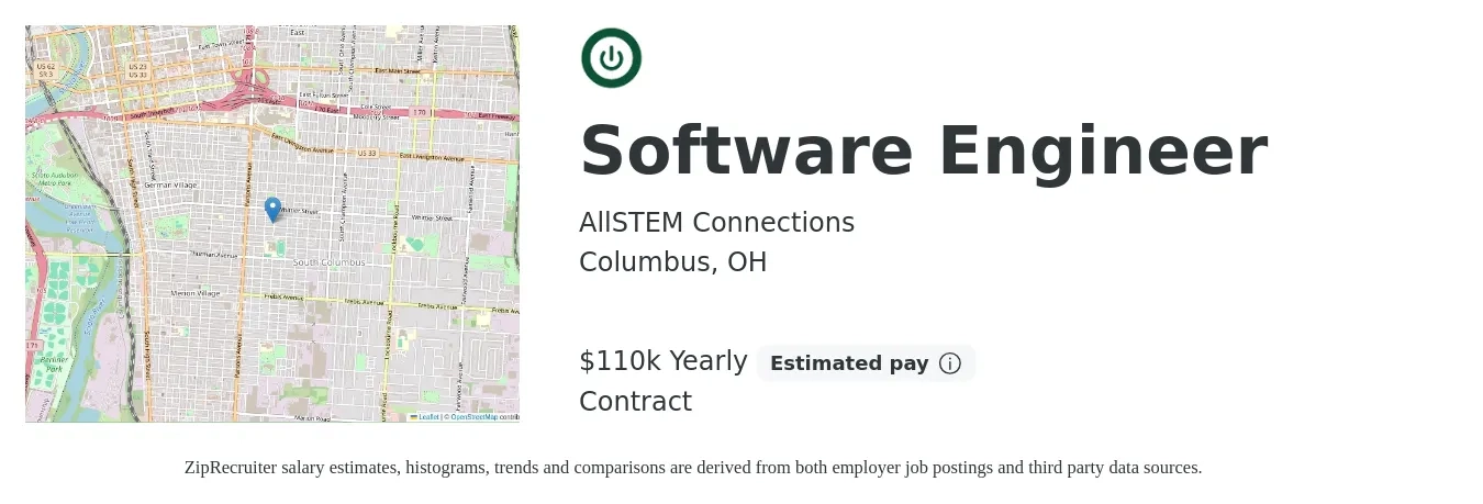 AllSTEM Connections job posting for a Software Engineer in Columbus, OH with a salary of $110,200 Yearly with a map of Columbus location.