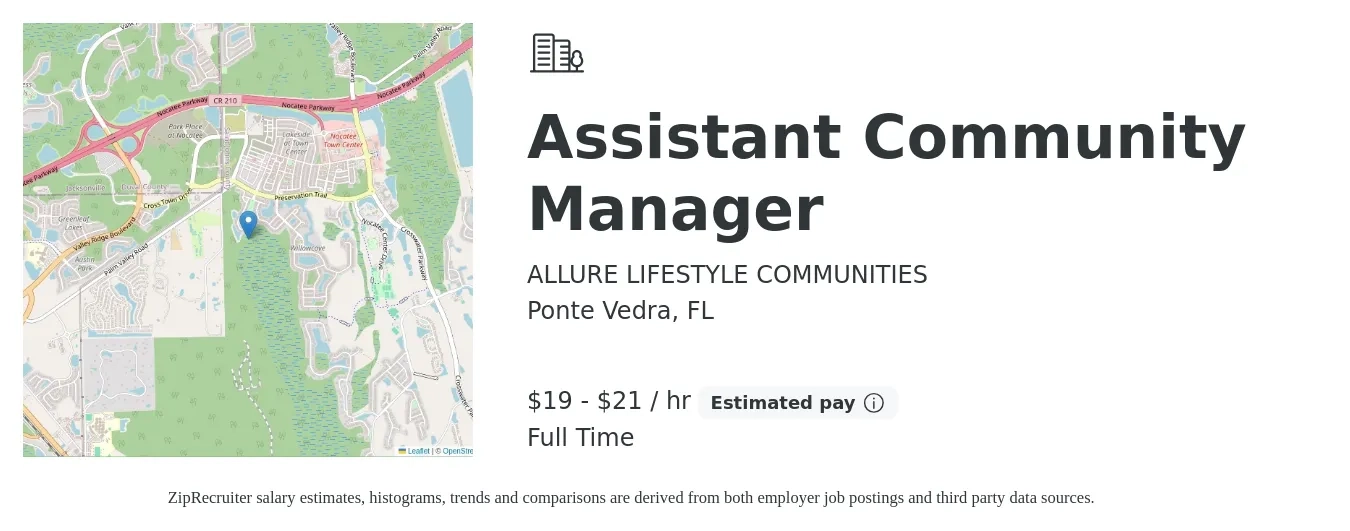 ALLURE LIFESTYLE COMMUNITIES job posting for a Assistant Community Manager in Ponte Vedra, FL with a salary of $20 to $22 Hourly with a map of Ponte Vedra location.