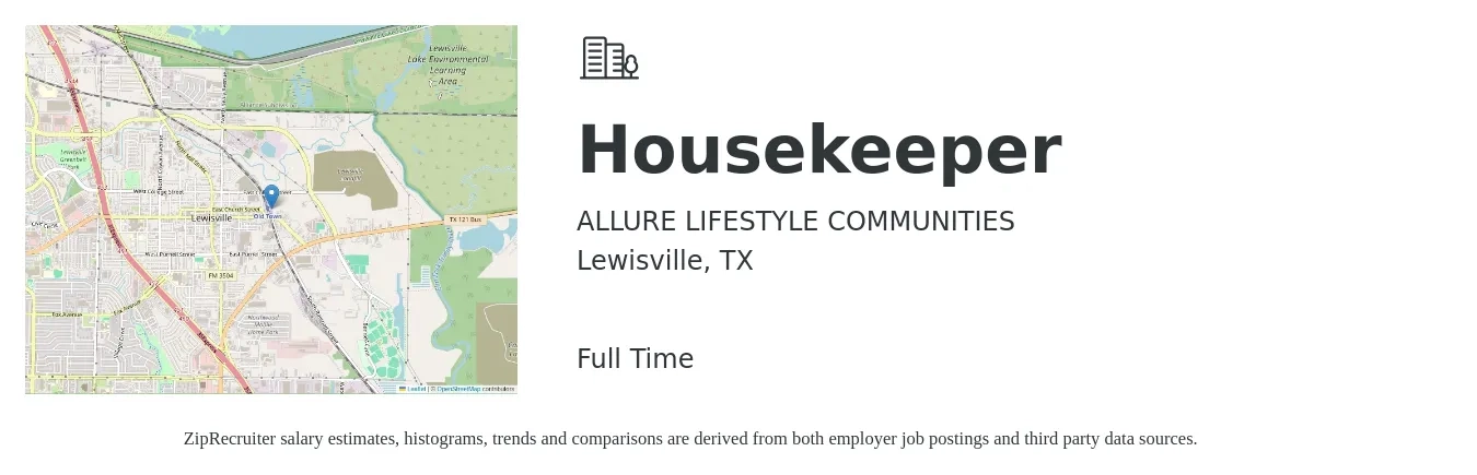 ALLURE LIFESTYLE COMMUNITIES job posting for a Housekeeper in Lewisville, TX with a salary of $13 to $17 Hourly with a map of Lewisville location.